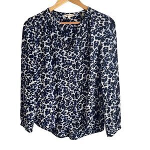 Rebecca Taylor Lynx Long Sleeve Blue and Black Animal Print Silk Blouse